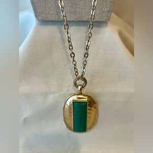 Gold Plated Pendant Necklace • Green Enamel Statement Piece • 32” Chain